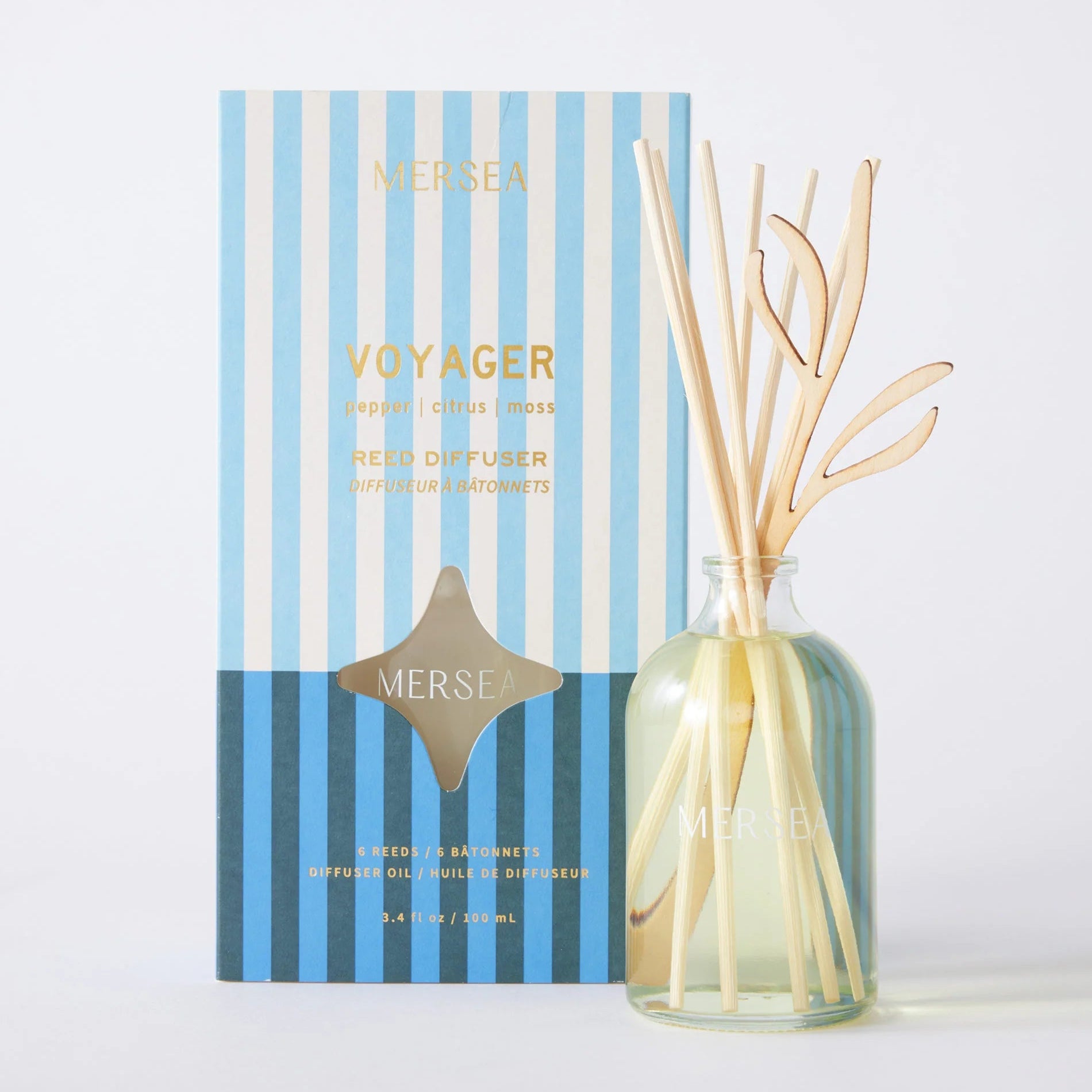 Mersea Voyager diffuser with striped packaging on a white background