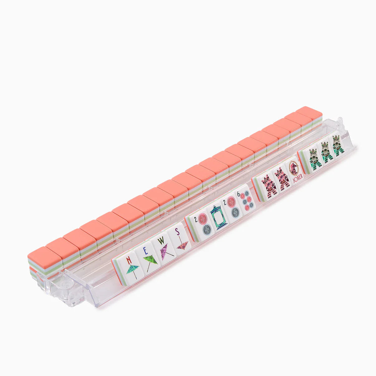Rectangular container with pink top and colorful labels on a white background