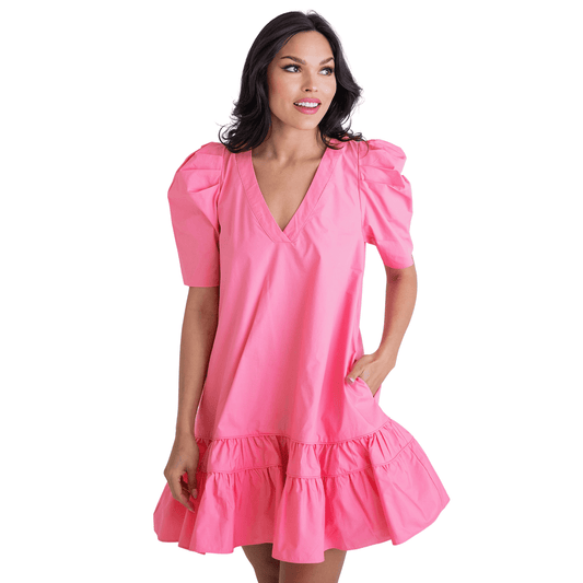 Solid Poplin Vneck Puff Sleeve Dress in Pink - Fairley Fancy 