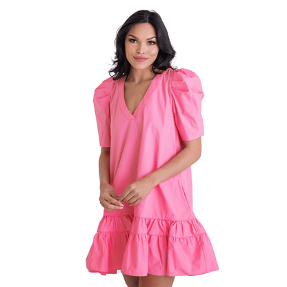 Solid Poplin Vneck Puff Sleeve Dress in Pink - Fairley Fancy 