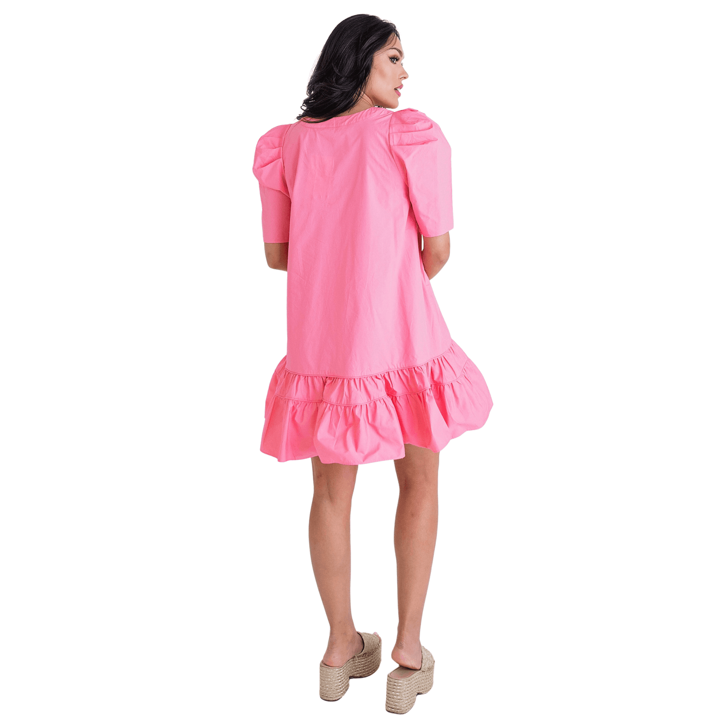 Solid Poplin Vneck Puff Sleeve Dress in Pink - Fairley Fancy 