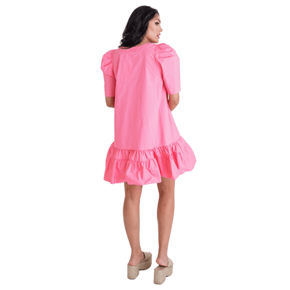 Solid Poplin Vneck Puff Sleeve Dress in Pink - Fairley Fancy 