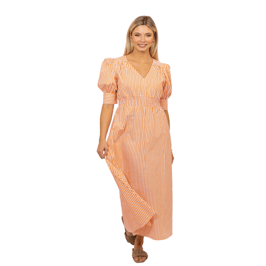 Stripe Poplin Vneck Dress in Orange - Fairley Fancy 
