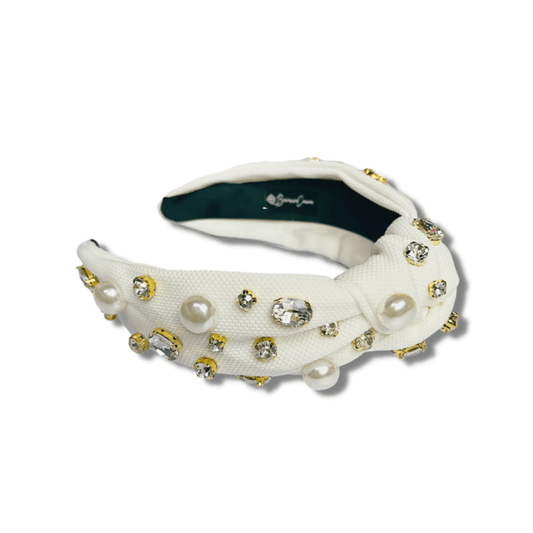 White Twill Headband with Large Pearls and Crystals - Fairley Fancy 