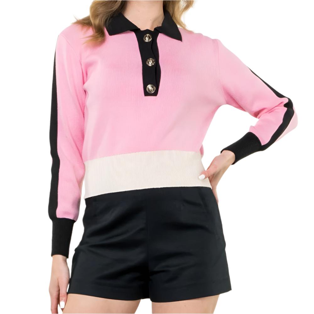 Collared Colorblock Top in Pink - Fairley Fancy