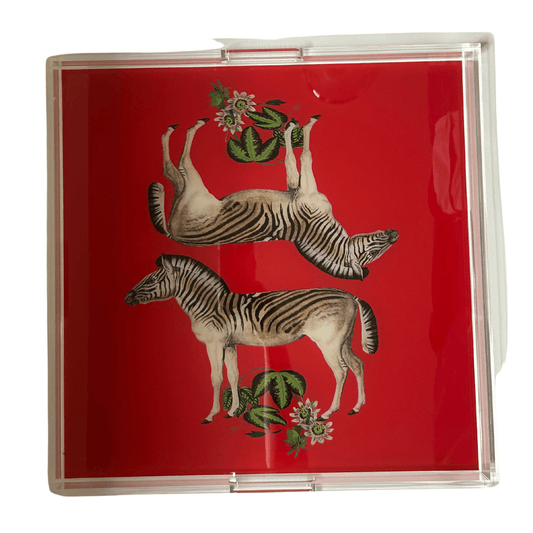 Zebras Seeing Double Red Square Acrylic Tray - Fairley Fancy 